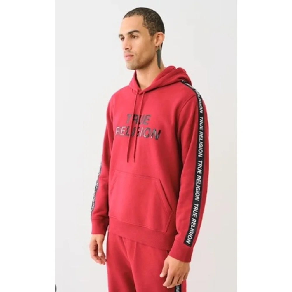 True Religion Silicone Tape Pullover Hoodie Sweatshirt Mens L Red Streetwear Y2K